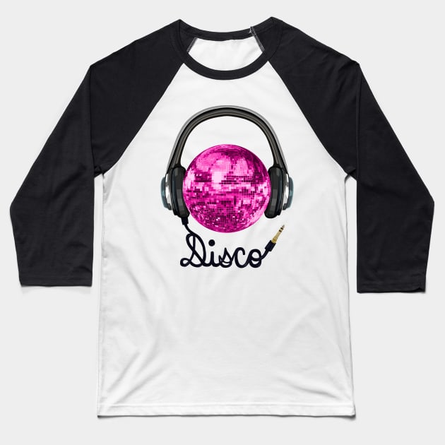 Pink Disco Ball Music Headphones Baseball T-Shirt by Art by Deborah Camp